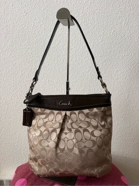 Coach Signature Jacquard Shoulder Bag Brown Patent Trim